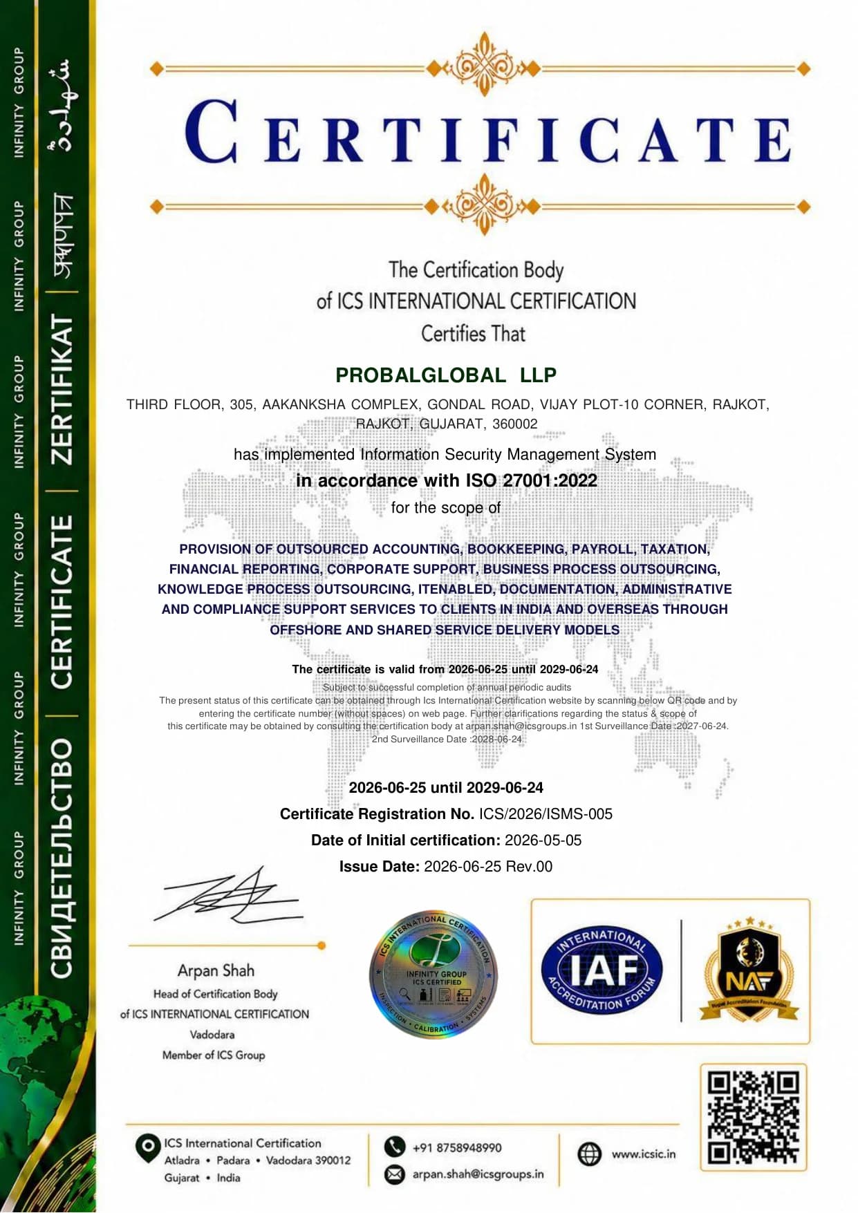 ISO 27001:2022 - Information Security Management Systems certificate issued to Probal Global LLP by ICS International Certification