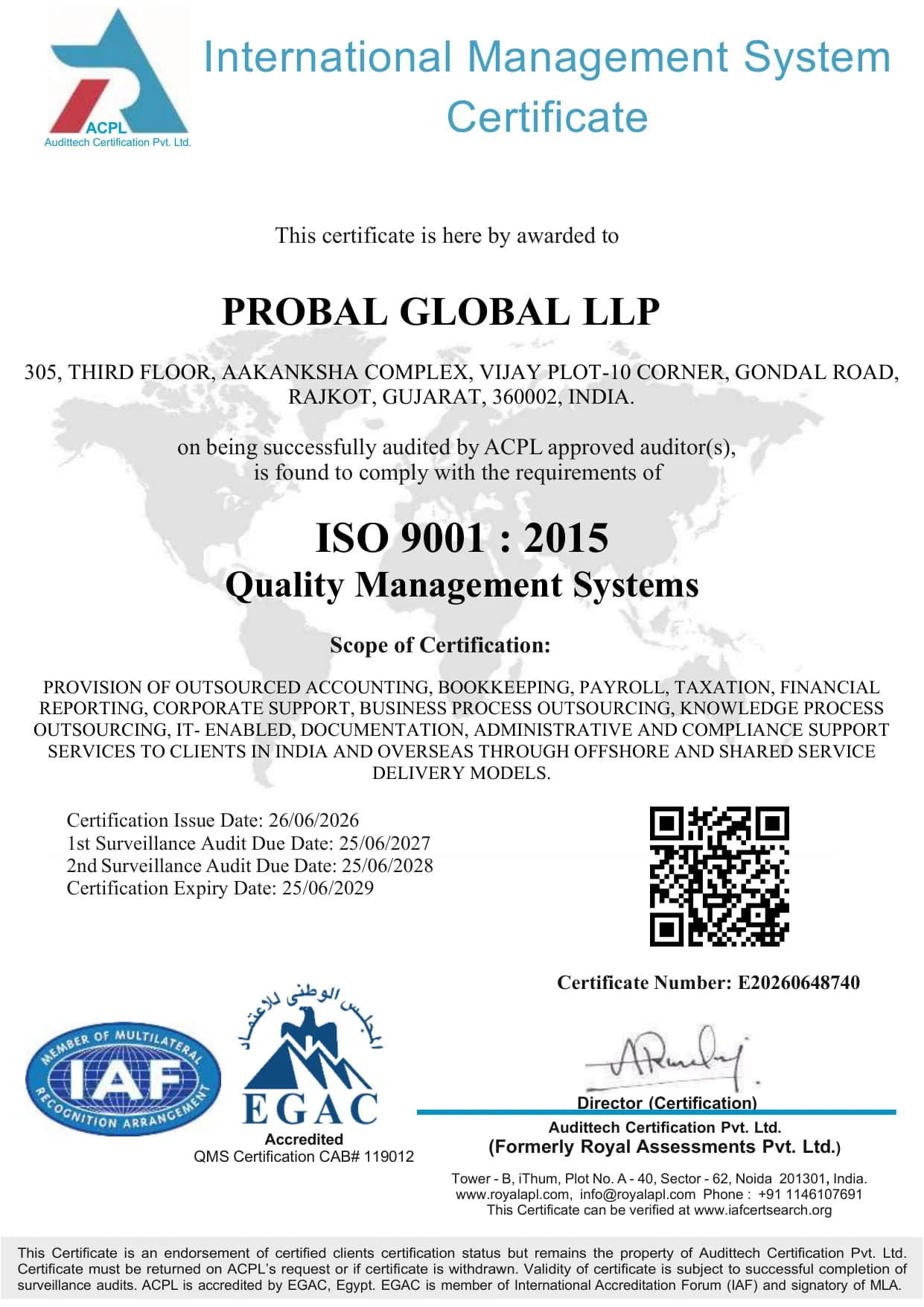 ISO 9001:2015 - Quality Management Systems certificate issued to Probal Global LLP by Audittech Certification Pvt. Ltd. (ACPL)