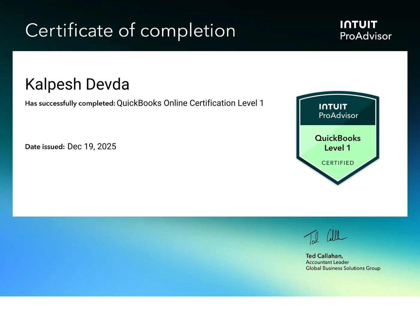 QuickBooks Online Certification - Level 1 certificate issued to Kalpesh Devda by Intuit ProAdvisor
