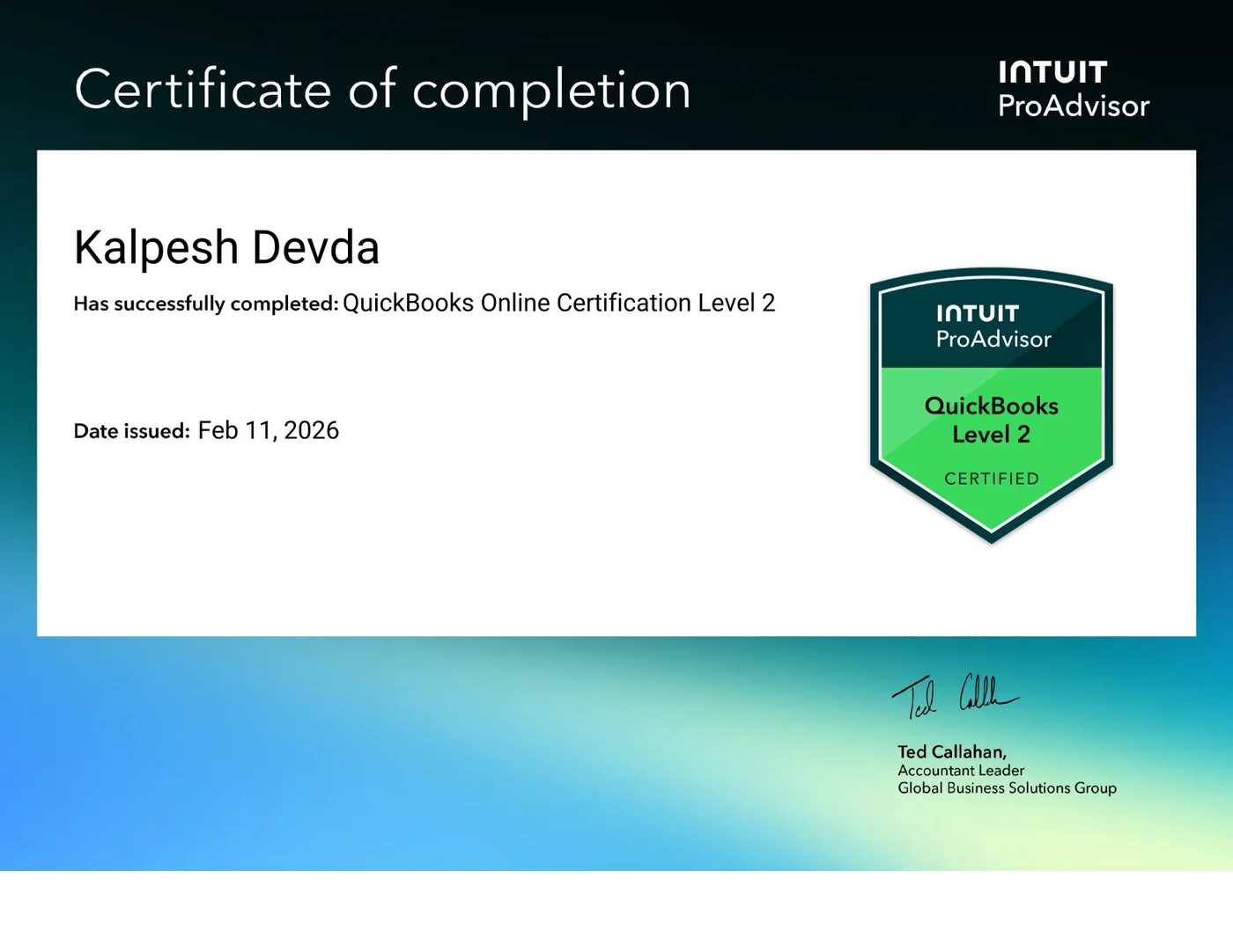 QuickBooks Online Certification - Level 2 certificate issued to Kalpesh Devda by Intuit ProAdvisor