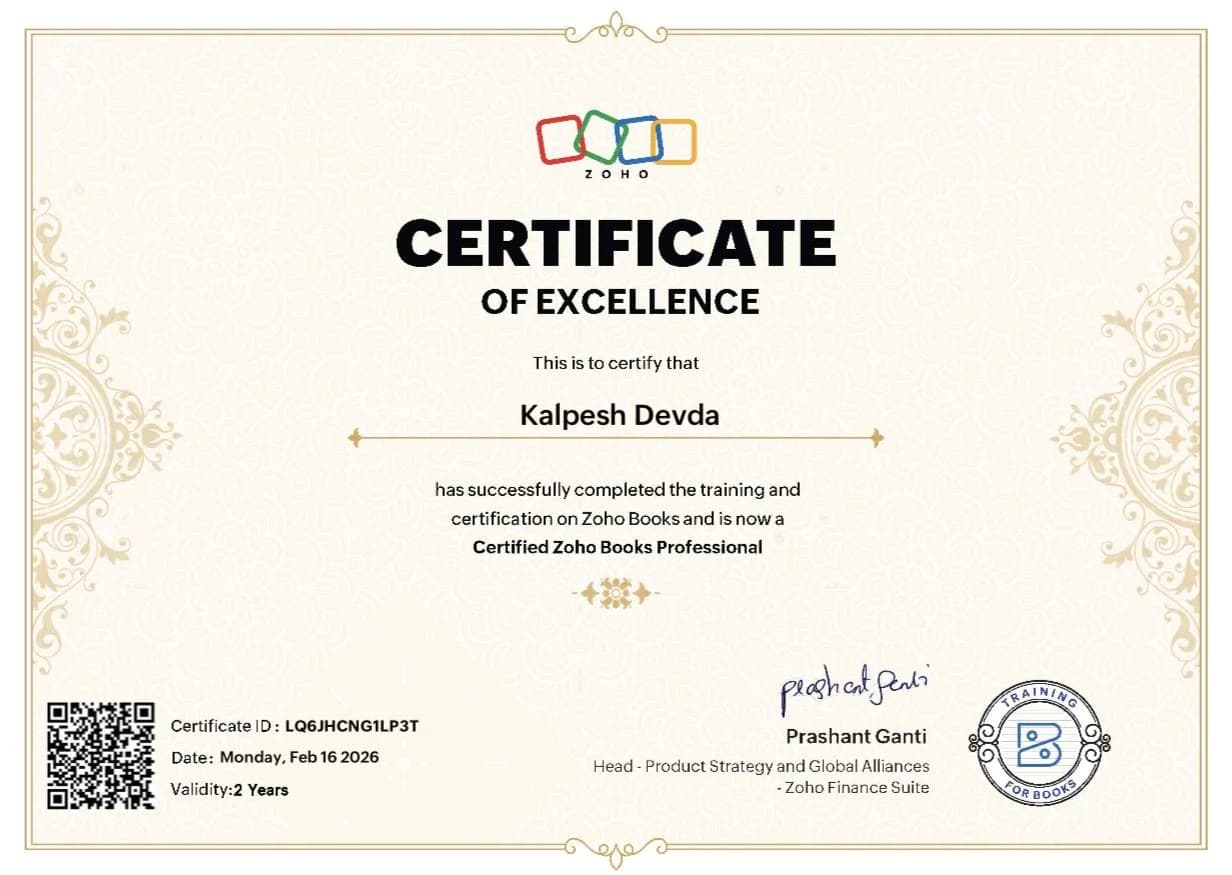 Certified Zoho Books Professional - Certificate of Excellence certificate issued to Kalpesh Devda by Zoho Finance Suite
