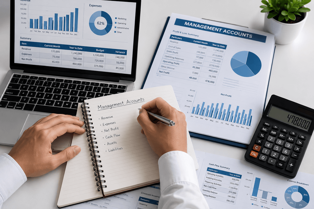 UK accounting professional reviewing management accounts pack